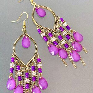 4"L Purple Vintage Gold Teardrop Beaded Dangle Tassels Chandelier Earrings New
